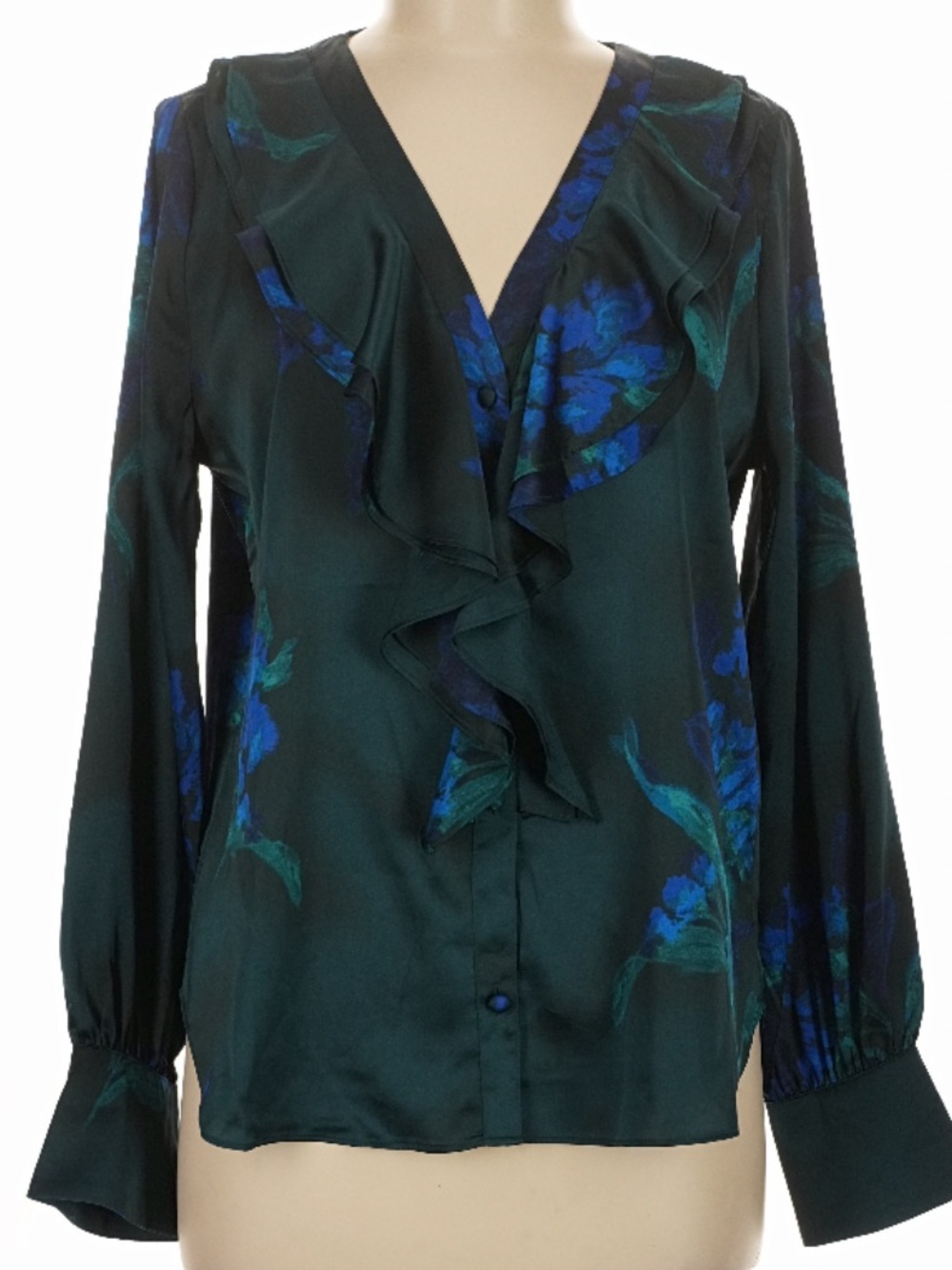 NWT WHITE HOUSE BLACK MARKET Green Floral Ruffle Long Sleeve Blouse Size Medium - Picture 4 of 7